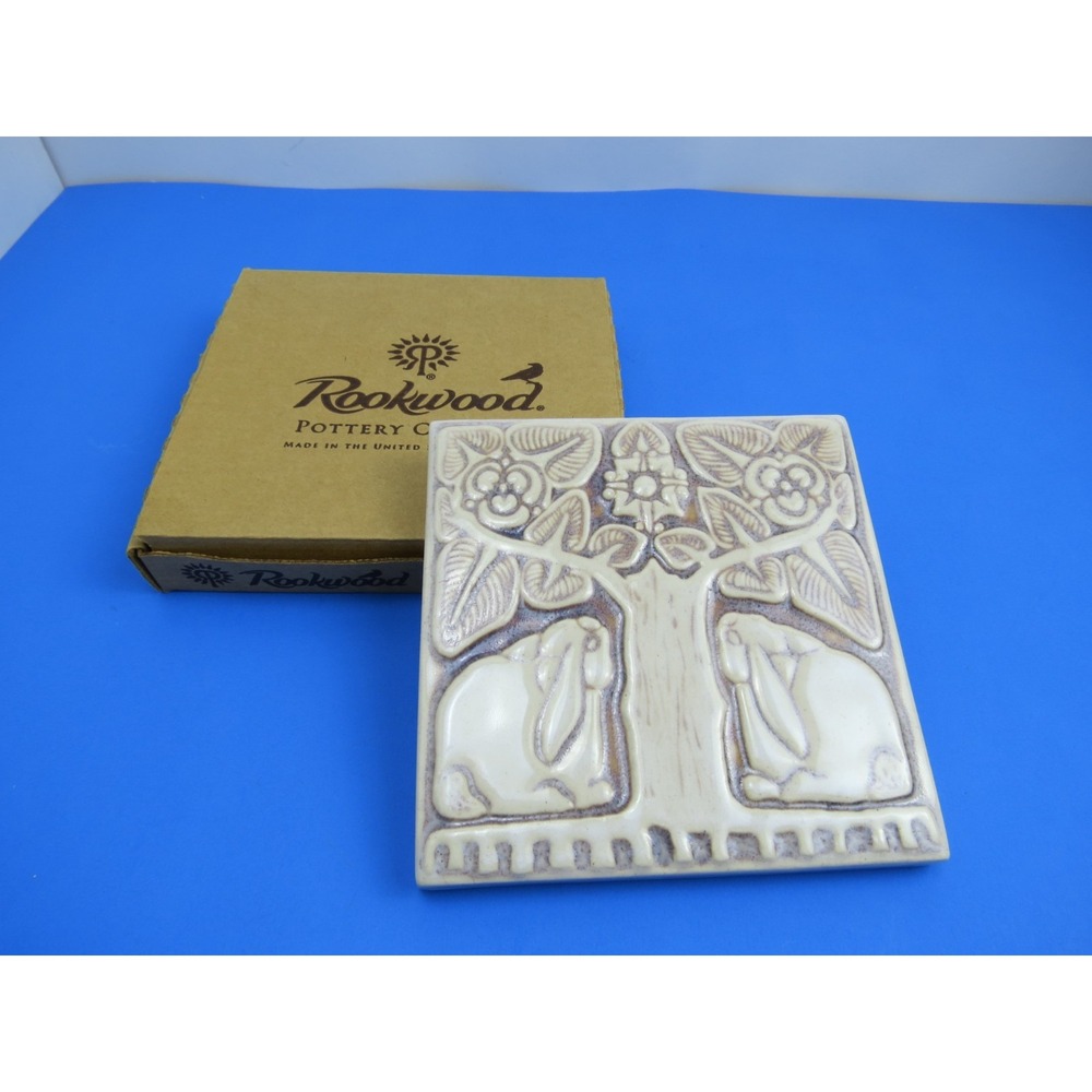 Rookwood Pottery Bunny Tree Tile Trivet White Grey 2011 MMXI 6x6